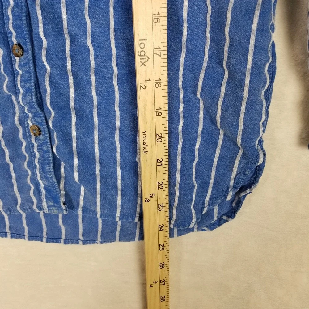 Anthropologie Striped Blouse Womens Size 2 Blue Linen Blend Puff Sleeve V-Neck